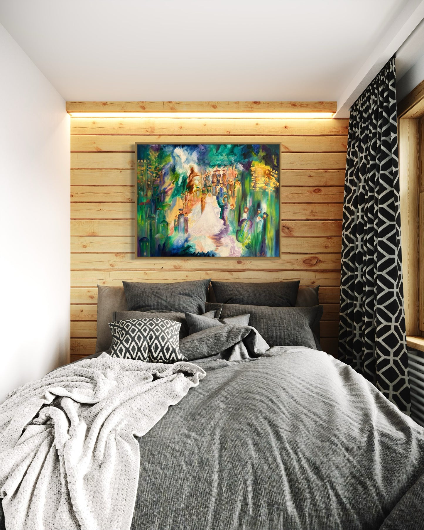 Jewish wedding canvas abstract painting in bedroom.