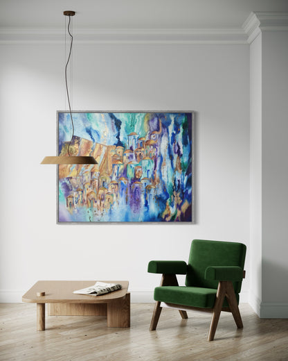 Jerusalem abstract painting in hanging on wall.