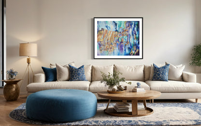 Jerusalem abstract painting in living room over couch.