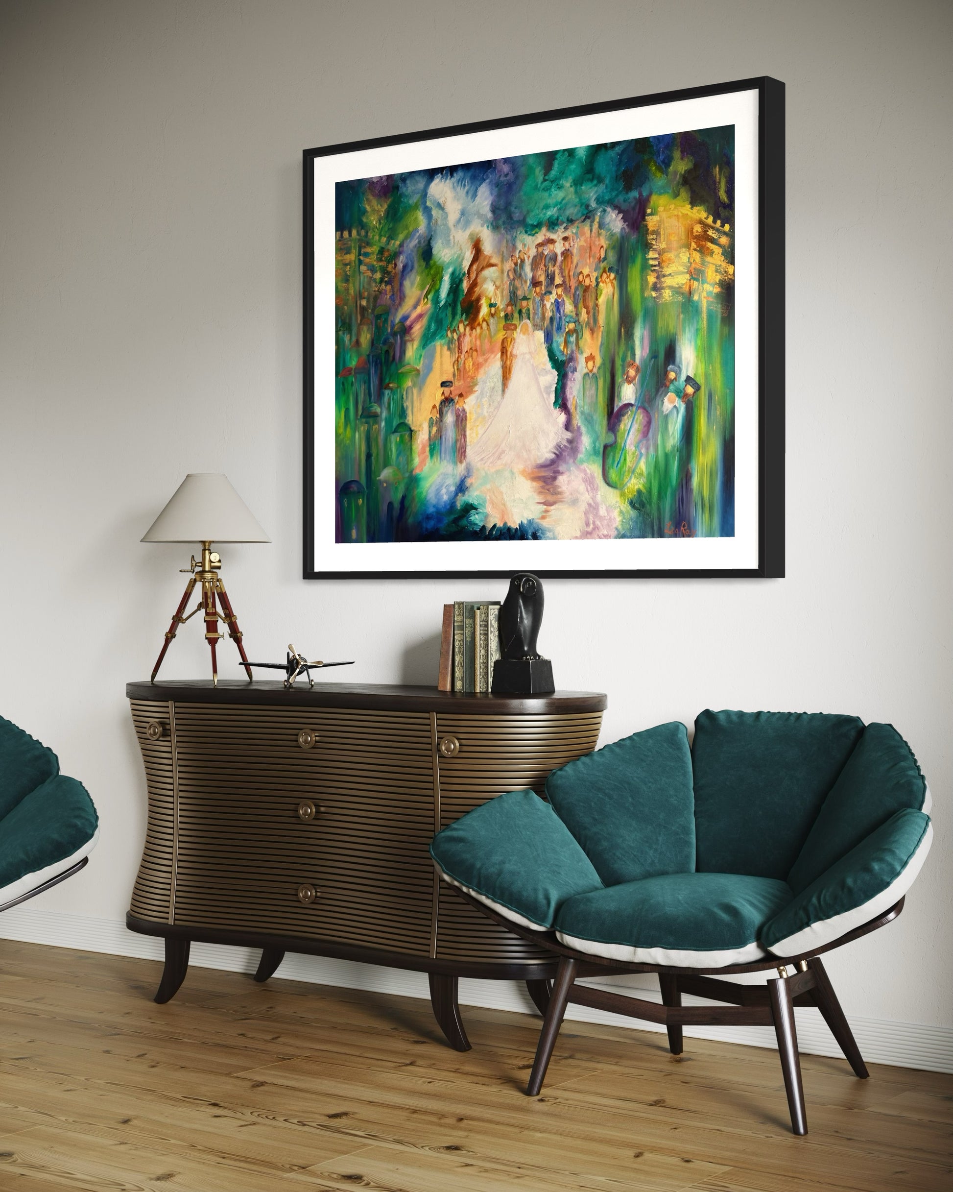 Jewish wedding canvas abstract painting on wall over desk different angle.