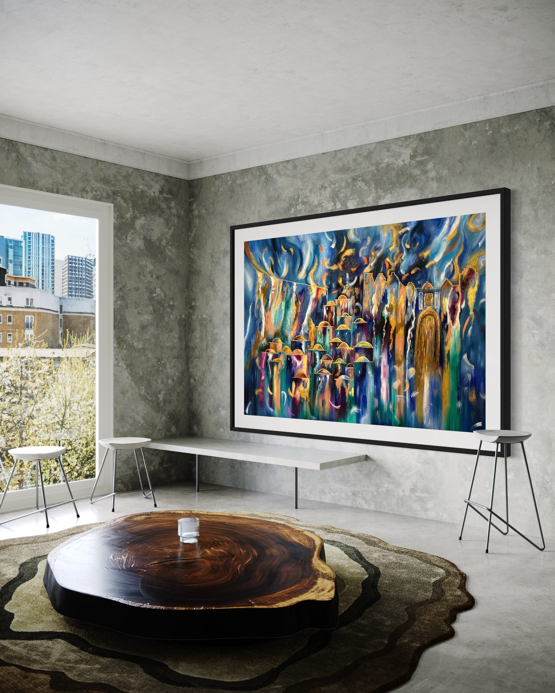 Jewish Painting, Judaica Art, Jerusalem Abstract painting in living room.