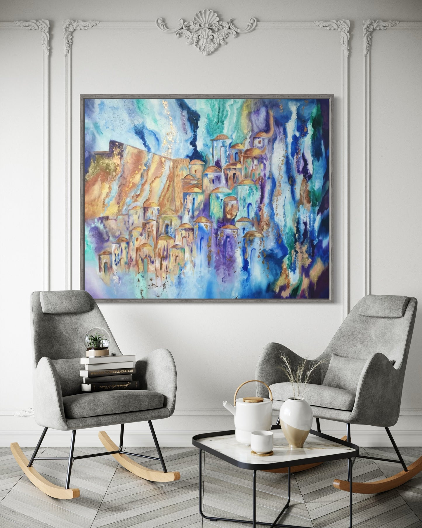 Jerusalem abstract painting in fancy living room.