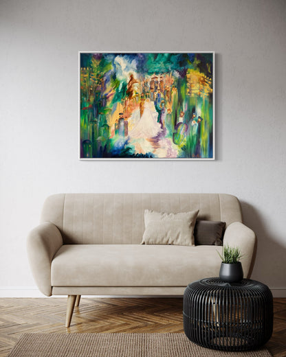 Jewish wedding canvas abstract painting in living room over couch.