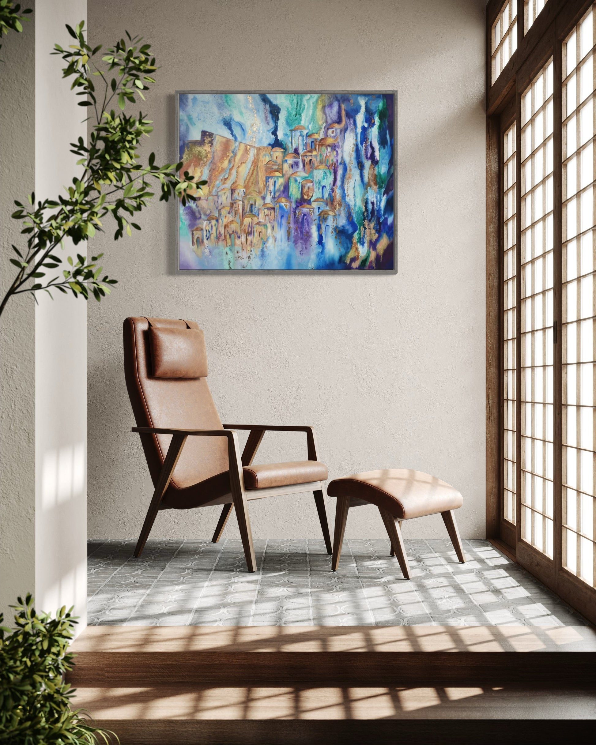 Jerusalem abstract painting in living room over a chair.